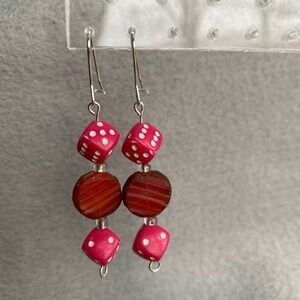 Handmade earrings pink dice red circle‎ glass bead